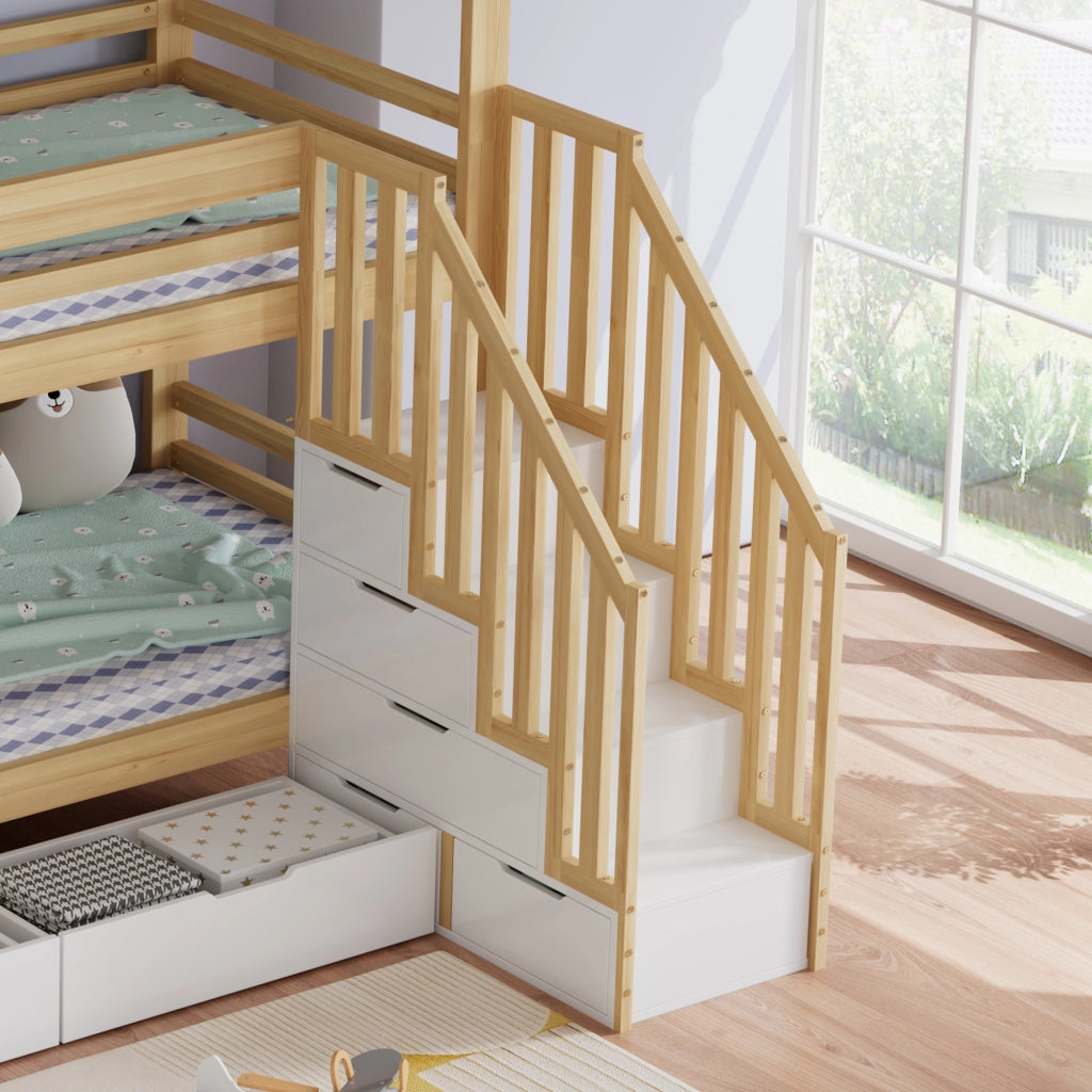 LETTO A CASTELLO 90x200 cm Bianco e Naturale con cassetti e scala di sicurezza