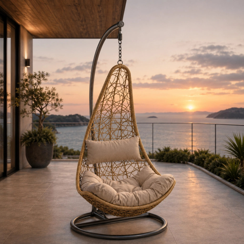 Poltrona Amaca Sospesa Con Telaio Indipendente In Metallo Seduta Ergonomica In Polyrattan E Cuscino Morbido Con Appoggiatesta Arredo Relax Per Giardino Patio Terrazzo E Balcone 105 x 195 Cm Beige