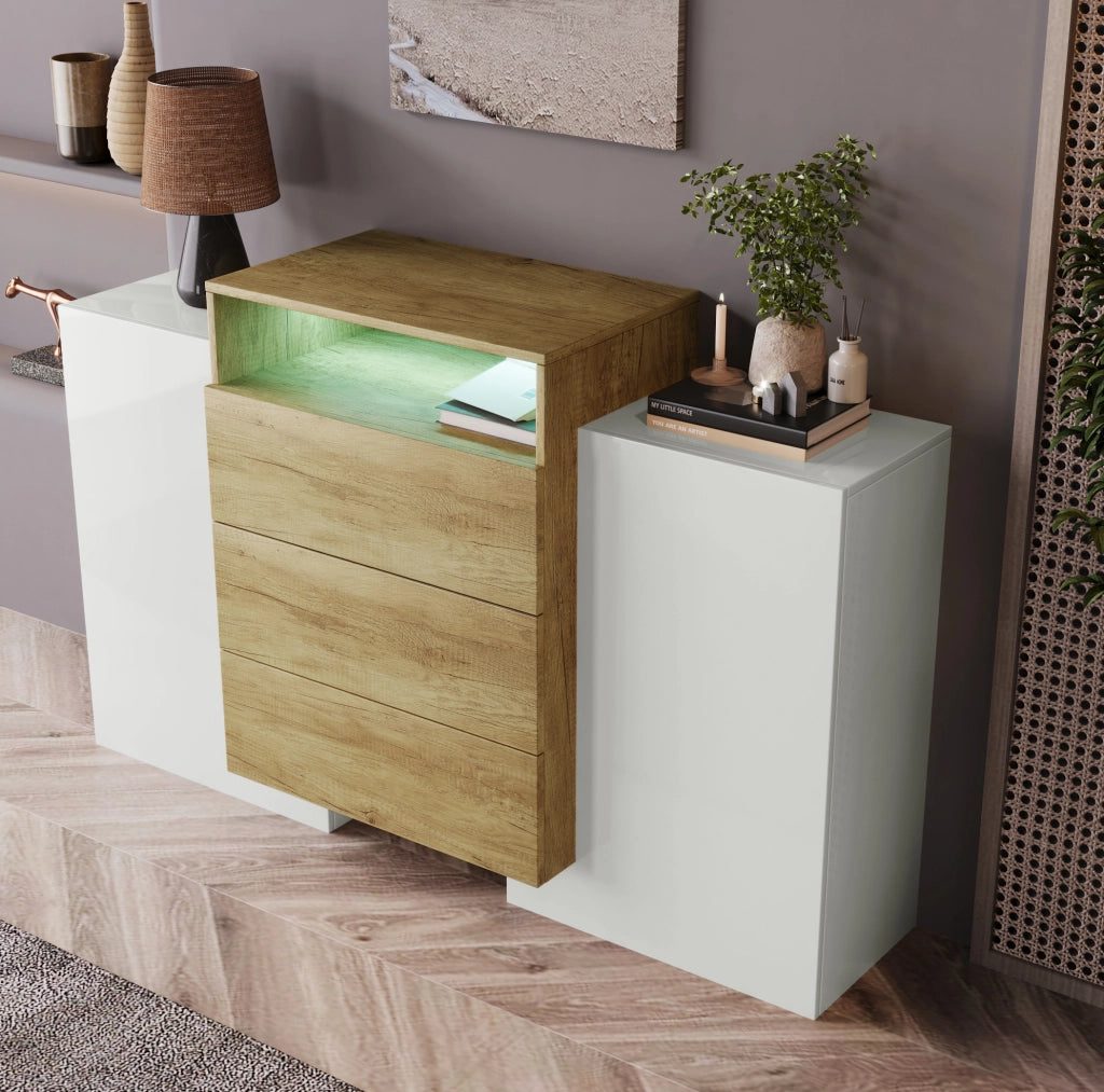 Credenza 140x30x77.5 cm con LED multicolore e 3 cassetti in MDF