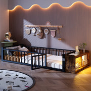 Letto singolo bambini 90x200 cm in metallo e MDF con sponda sicurezza, vano portaoggetti e LED, senza materasso