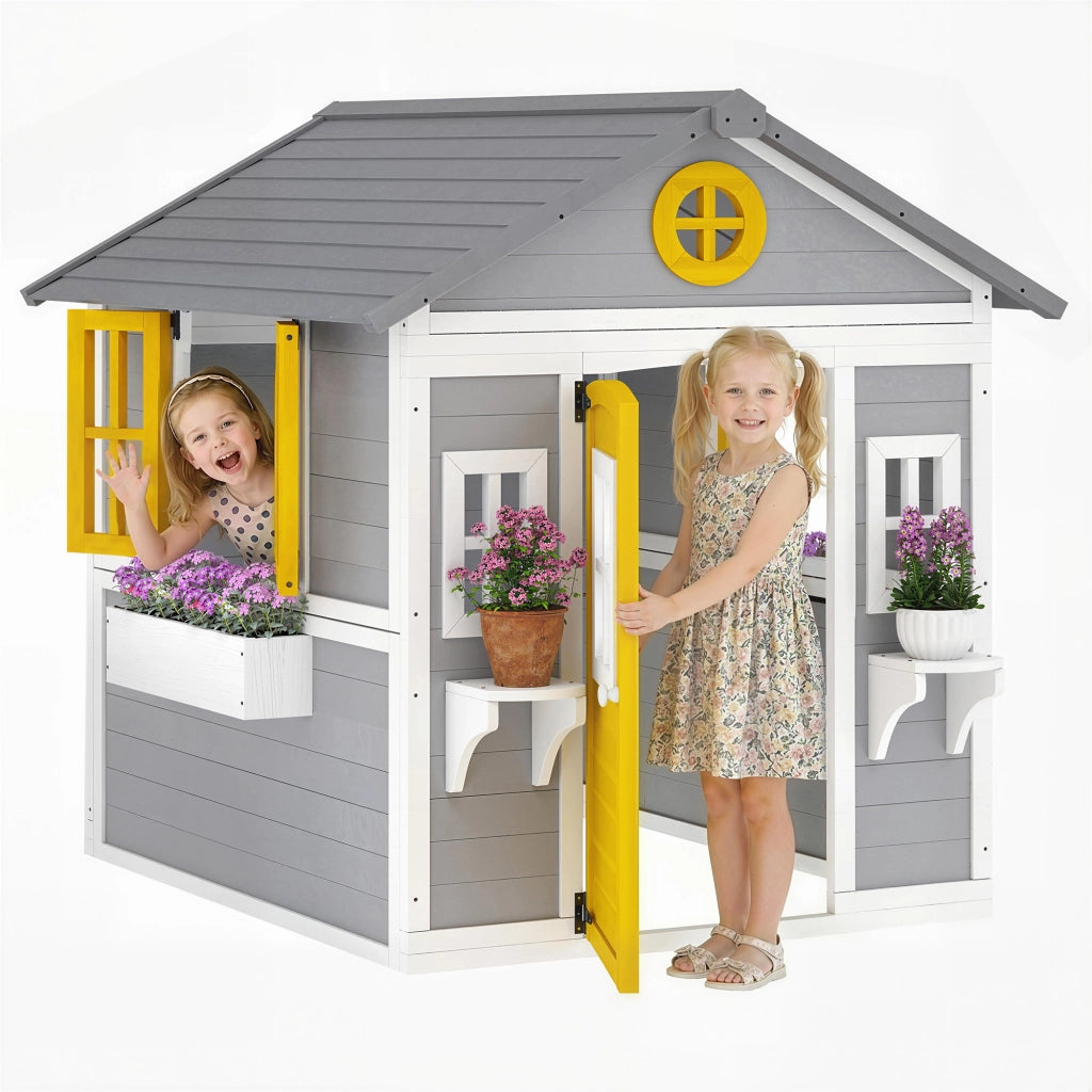 Casetta da Giardino per Bambini in Legno ¨C Xylo ¨C Grigio, 3-8 Anni, Finestre, Tetto Inclinato
