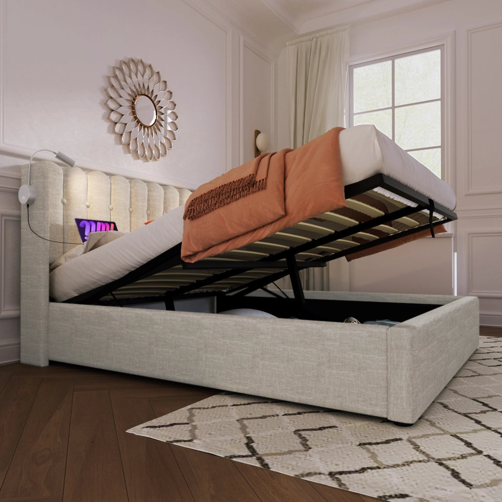 LETTO Contenitore 140x200 cm in lino beige con materasso incluso, luce da lettura e USB