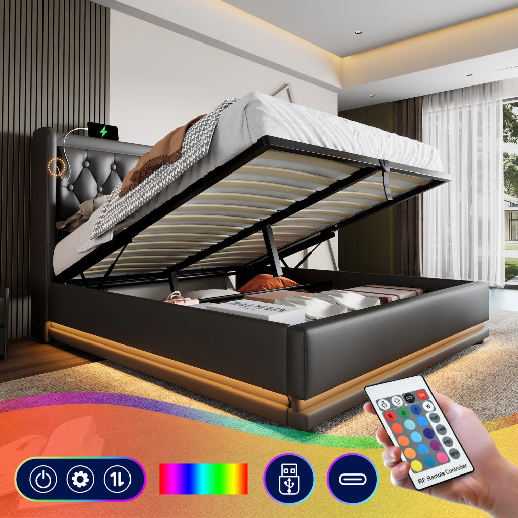OKWISH Letto contenitore 140×200 cm, Letto Matrimoniale con Sollevamento Idraulico, USB, Type C e LED 3 Lati, senza Materasso, PU, Nero