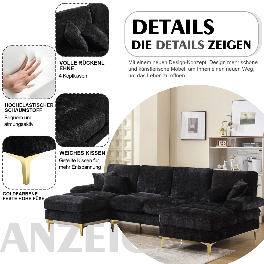 Divano Panoramico a U con Doppia Chaise Longue, 4 Cuscini Schienale, Gambe in Metallo, Ciniglia Nero 272 × 136 × 88 cm