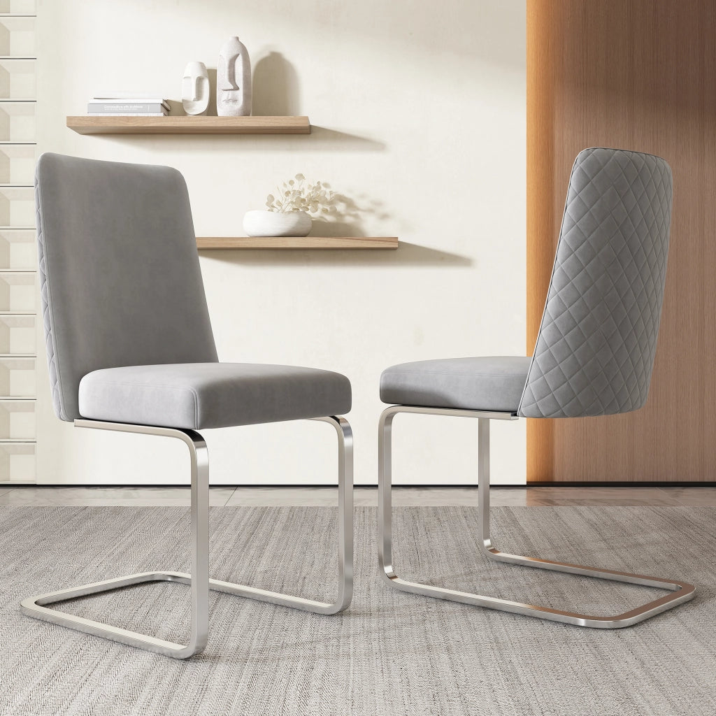 Set di 2 sedie da pranzo con schienale trapuntato e seduta confortevole in velluto grigio con gambe argento