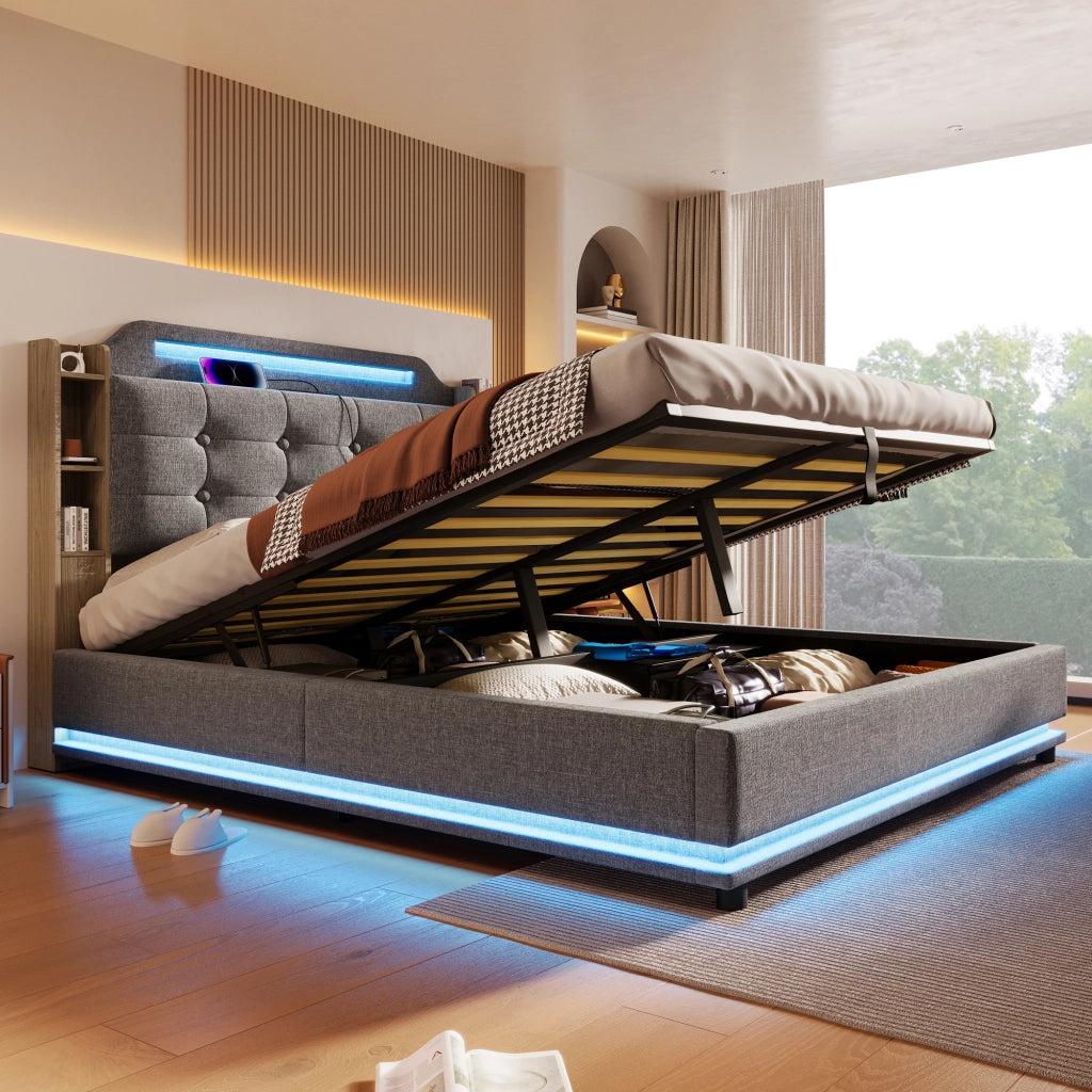 LETTO Imbottito 140x200 cm Grigio in Lino con LED e USB