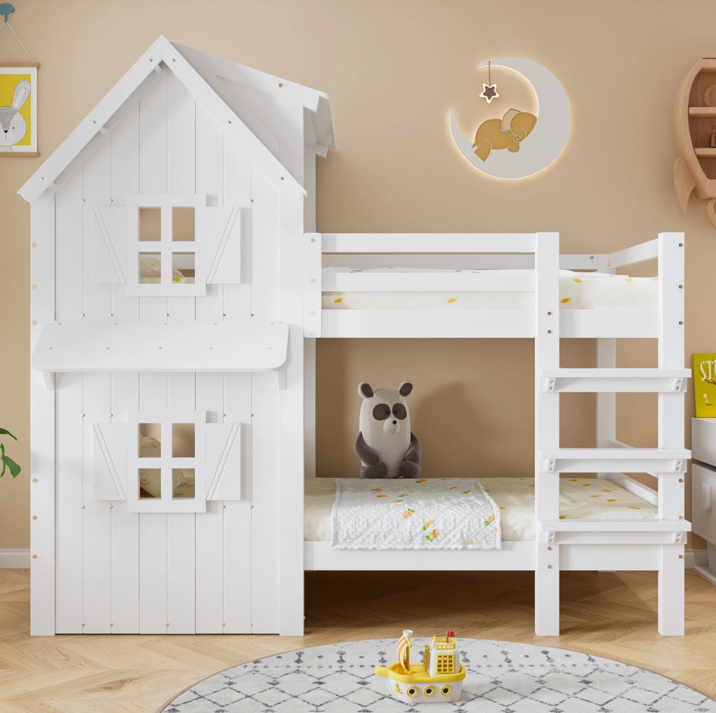 Letto a castello per bambini 90x200 cm con finestre, tetto e scala