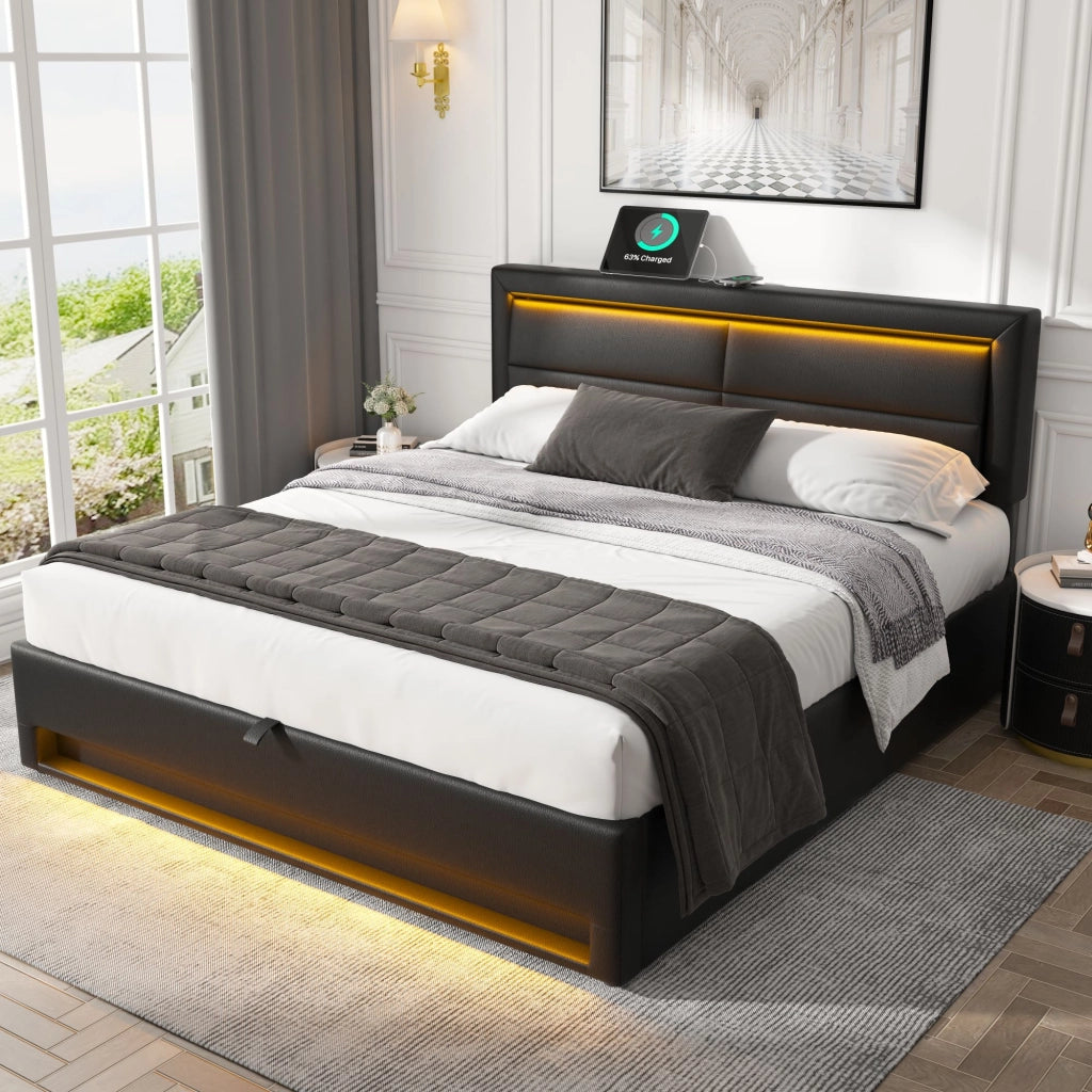 LETTO Imbottito 160x200 cm PU Nero con USB, LED e vano contenitore