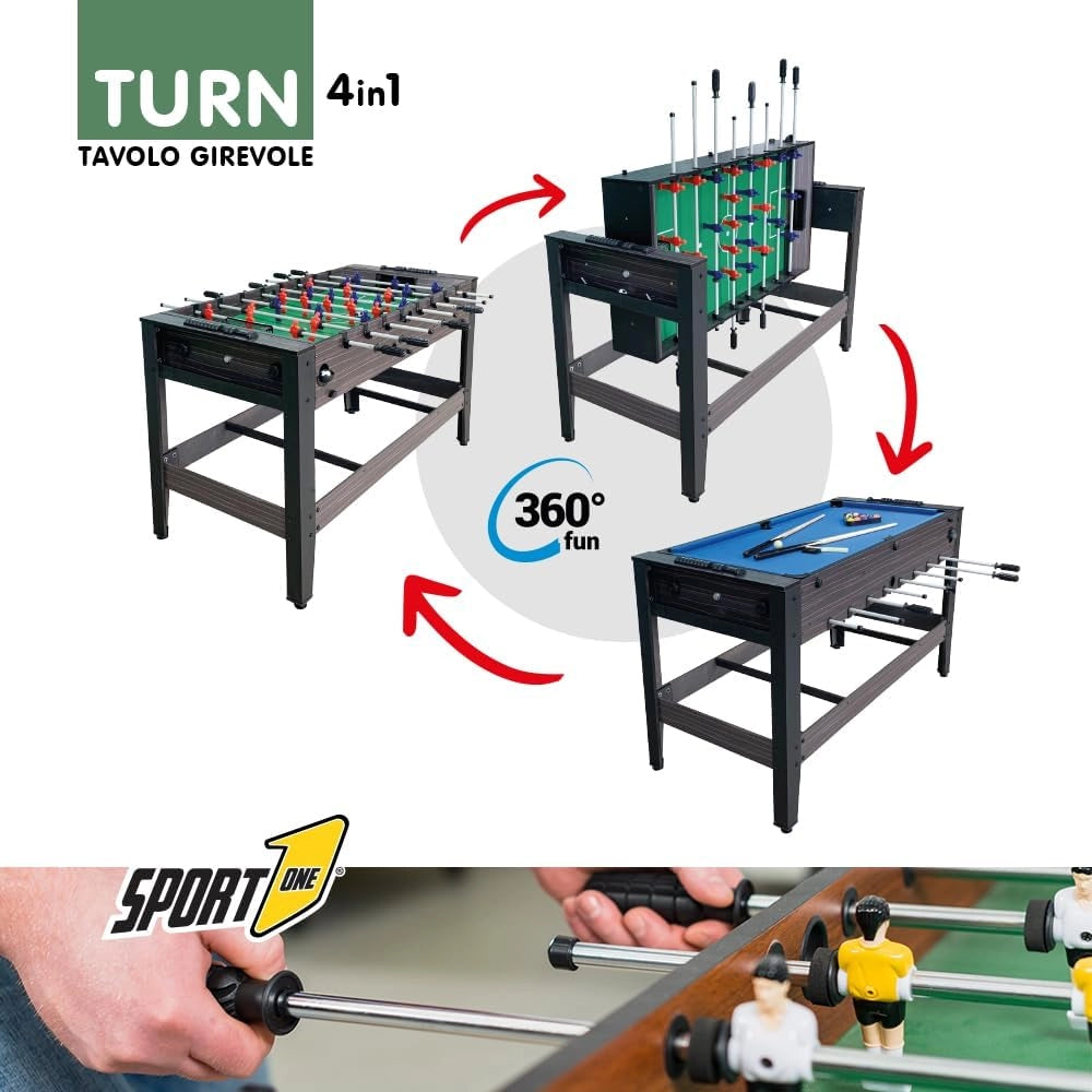 Sport1 Supertavolo 4in1 girevole. Tavolo multigioco indoor: calcetto, ping pong, hockey, biliardo. Completo di accessori