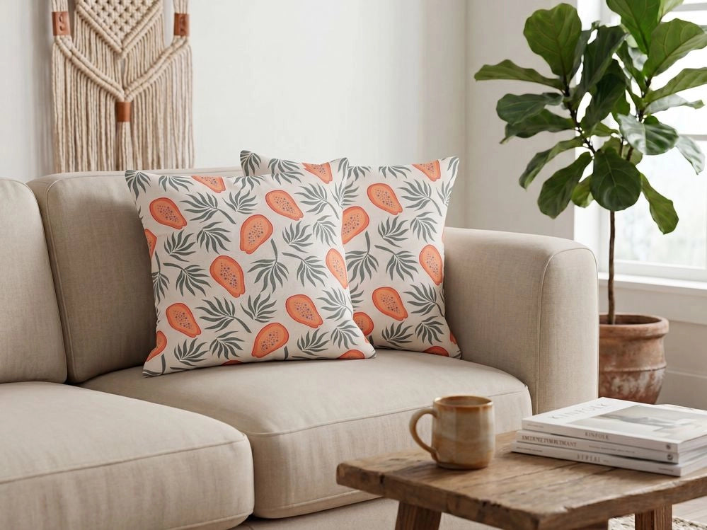Set di 2 cuscini bianco arancione e verde 45 x 45 cm motivo papaya frutta esotica soggiorno camera da letto