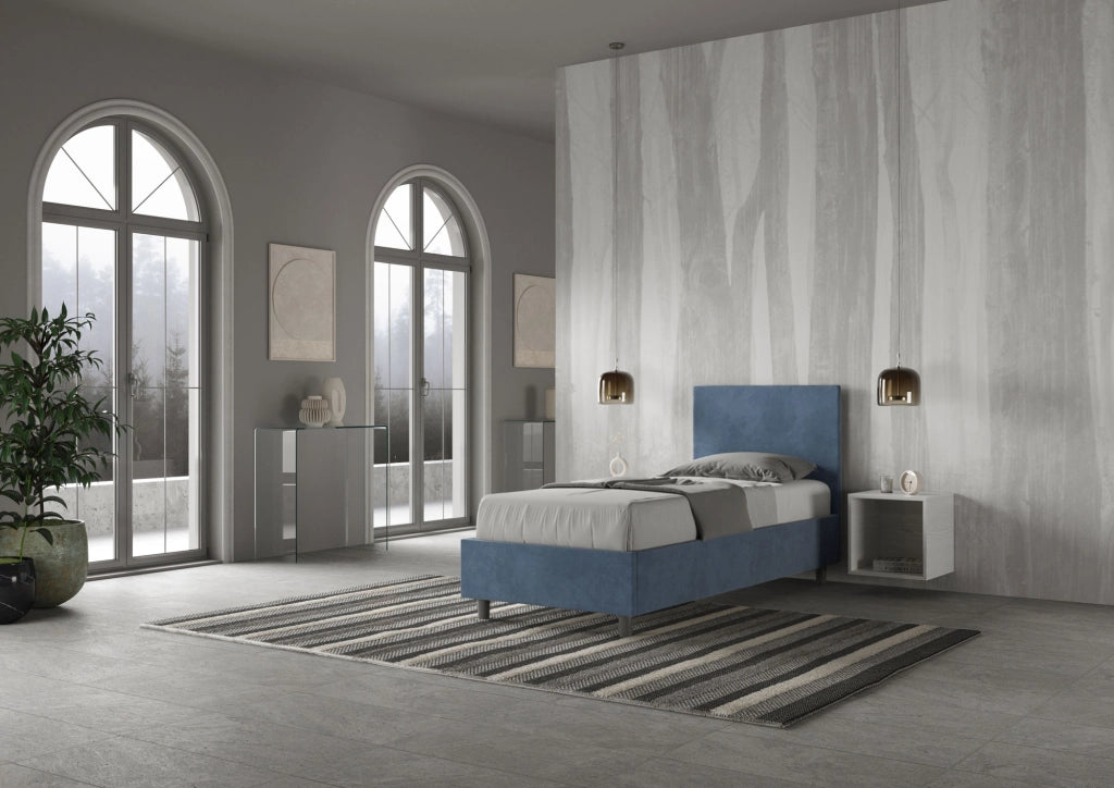BS COM Letto singolo con rete imbottito 80x210 microfibra blu