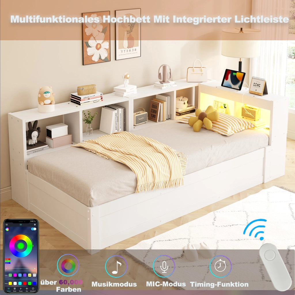 LETTO Multifunzione 90x200 cm Bianco con LED e prese integrate
