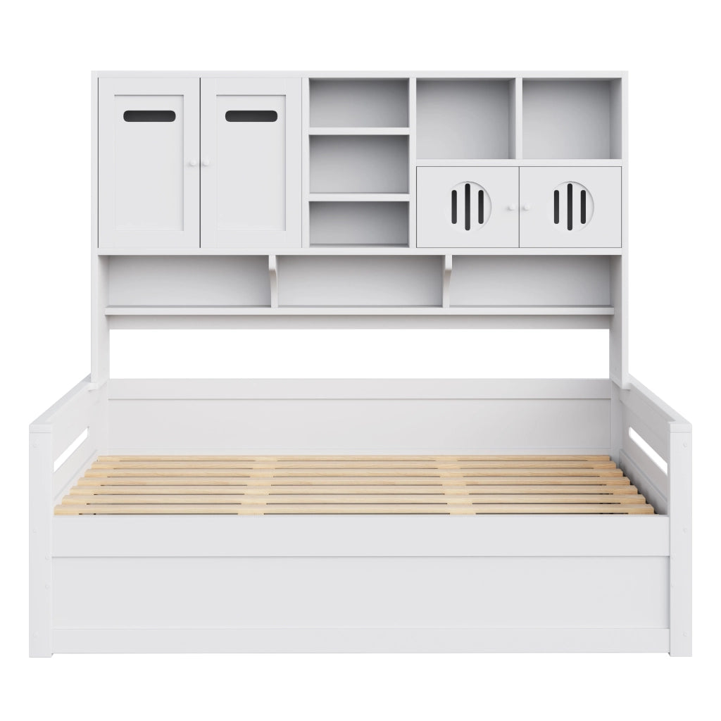 Letto singolo contenitore 90×200 cm con vani portaoggetti e rete idraulica; senza materasso; legno; bianco