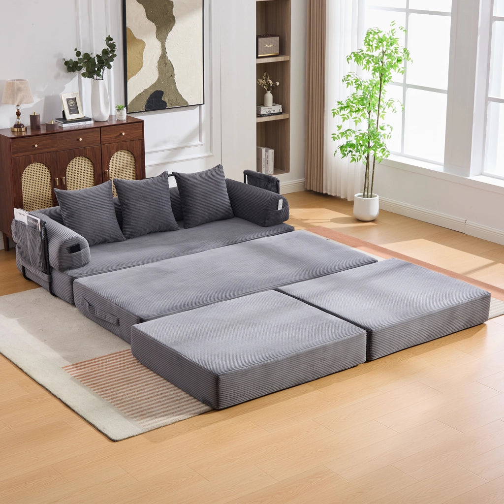 Divano modulare in velluto a coste con pouf, 3 cuscini e tasca laterale, grigio scuro