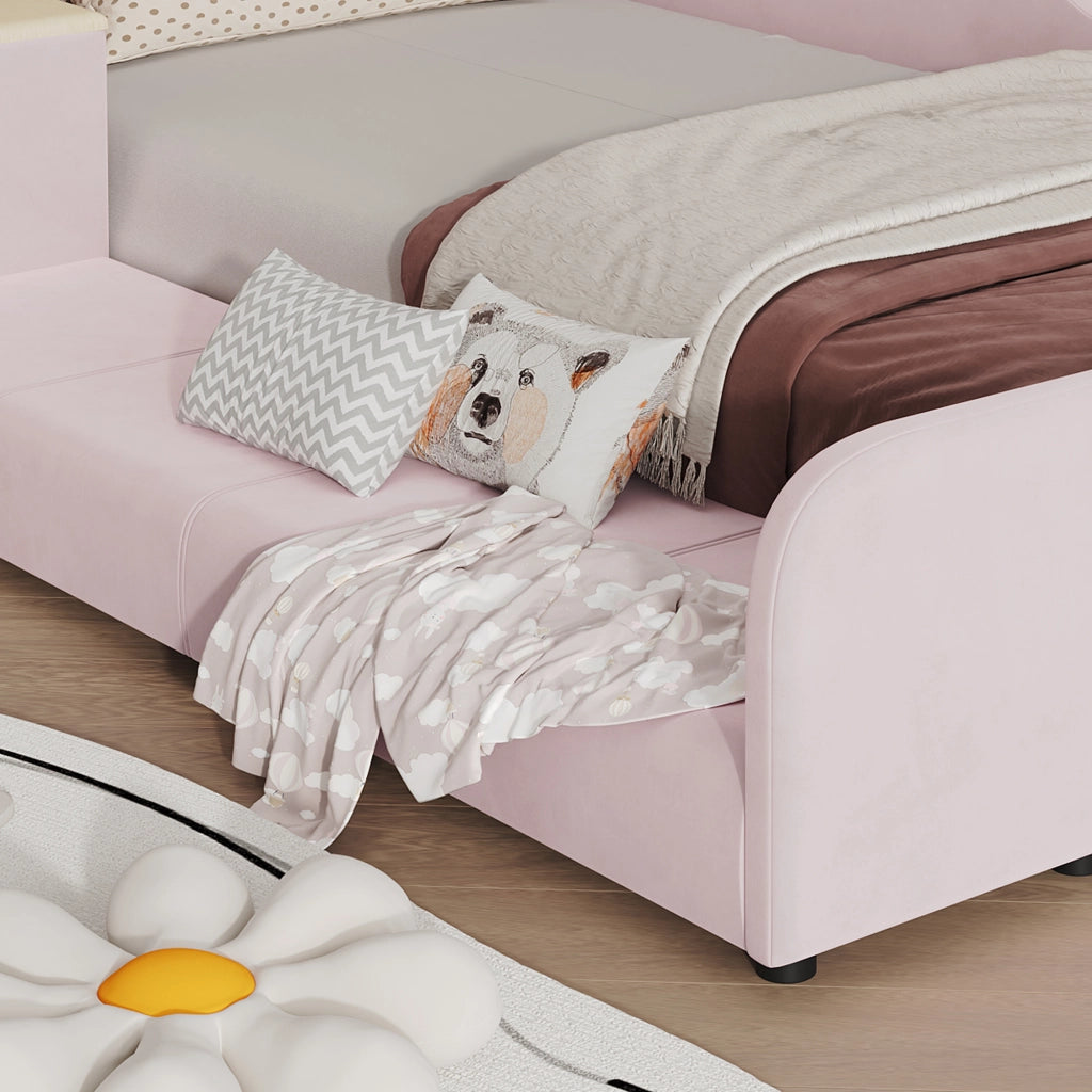 LETTO singolo 90x200 cm in velluto rosa con scrivania, sgabello e ripiano