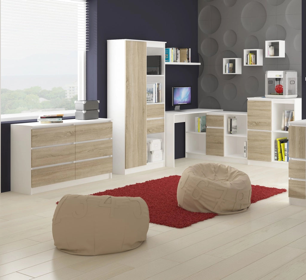 Scrivania per computer AKORD A6 Bianco 90 cm 3 cassetti inserto frontale Sonoma Quercia 90x50x77 cm Modello a sinistra