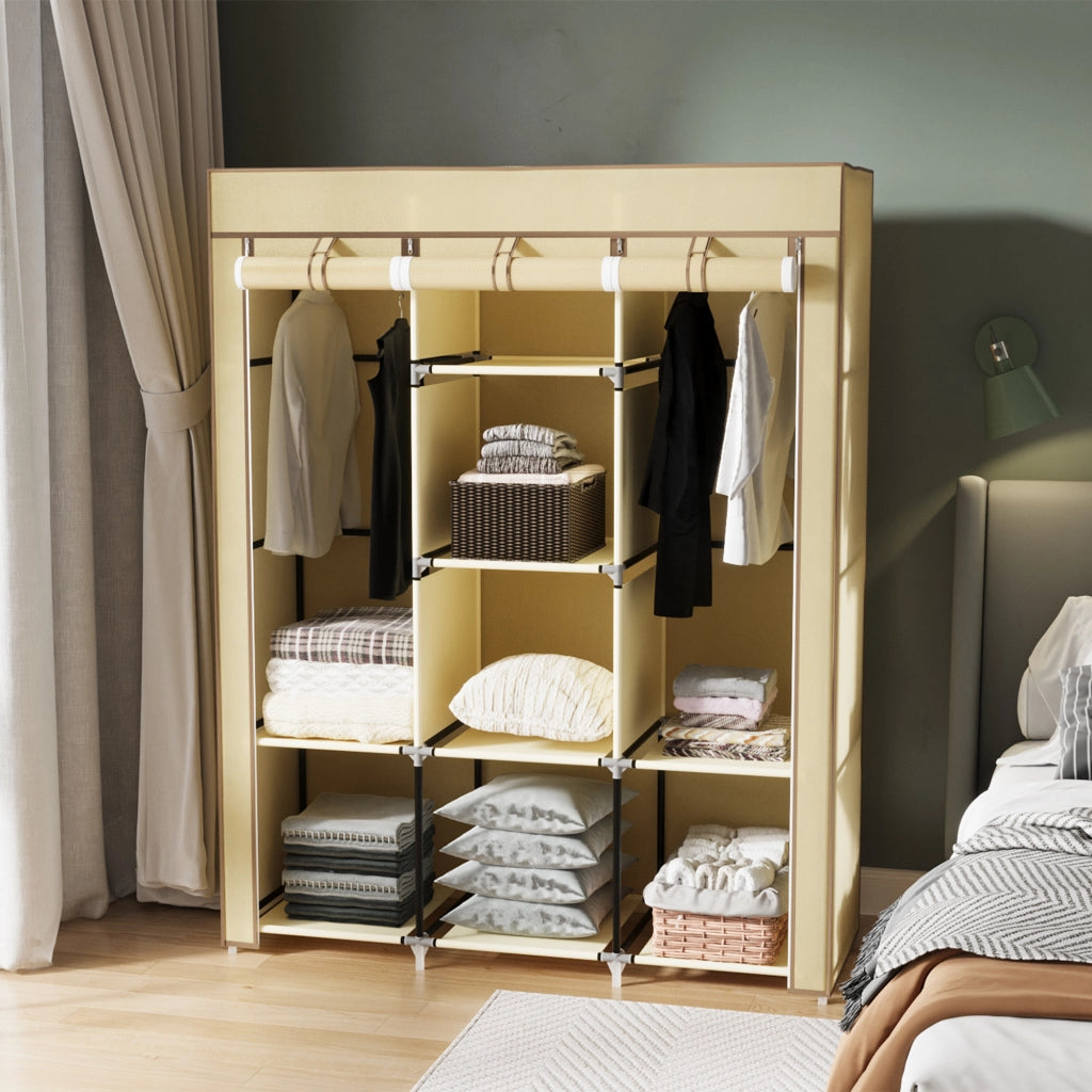 Armadio in Tessuto ¨C Minimal ¨C 8 Ripiani, 2 Appendiabiti, Beige