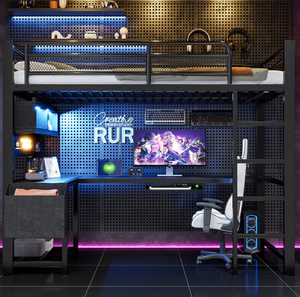 Letto a soppalco 90x200 cm con scrivania, LED e ricarica USB