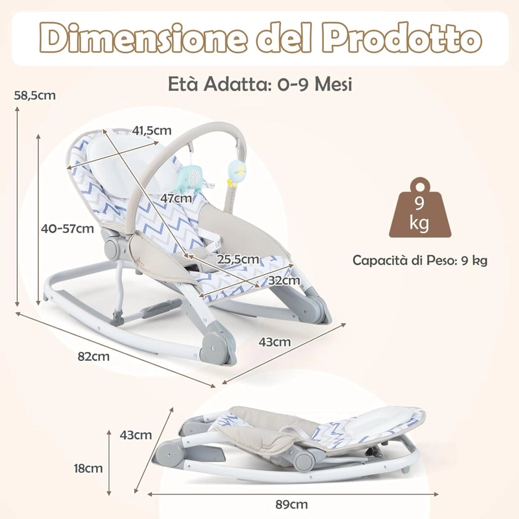 2-in-1 Sdraietta per Bambini, Sdraietta per Neonati Portatile con Schienale Regolabile a 3 Livelli, Sdraietta Pieghevole con Giocattoli, con Cintura di Sicurezza, per Bambini 0-6 Mesi (Grigio)