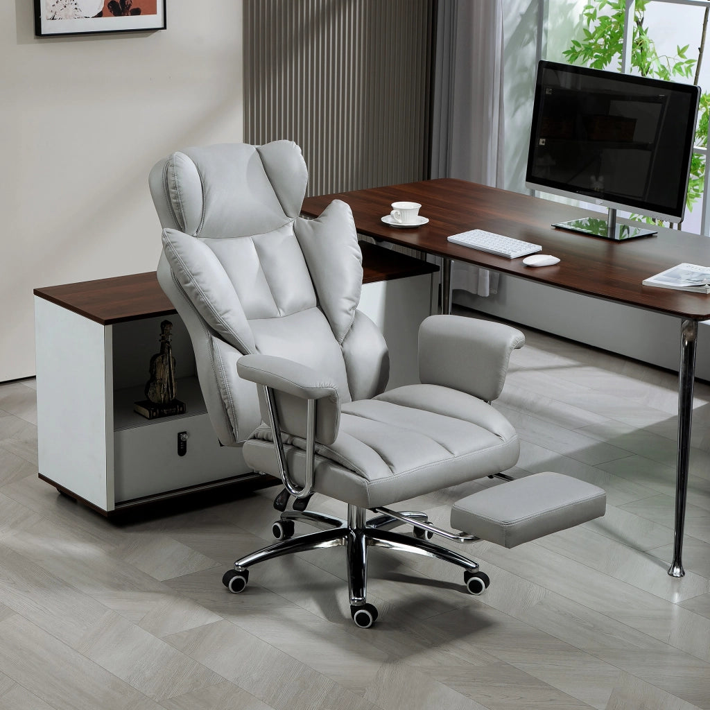 Sedia da ufficio ergonomica reclinabile con poggiapiedi e braccioli in schiuma grigio chiaro