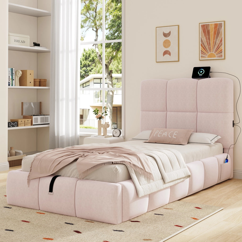 DESMIU Letto bambino 90 × 200 cm 1 posto con vano contenitore idraulico e USB, senza materasso, in velluto, rosa