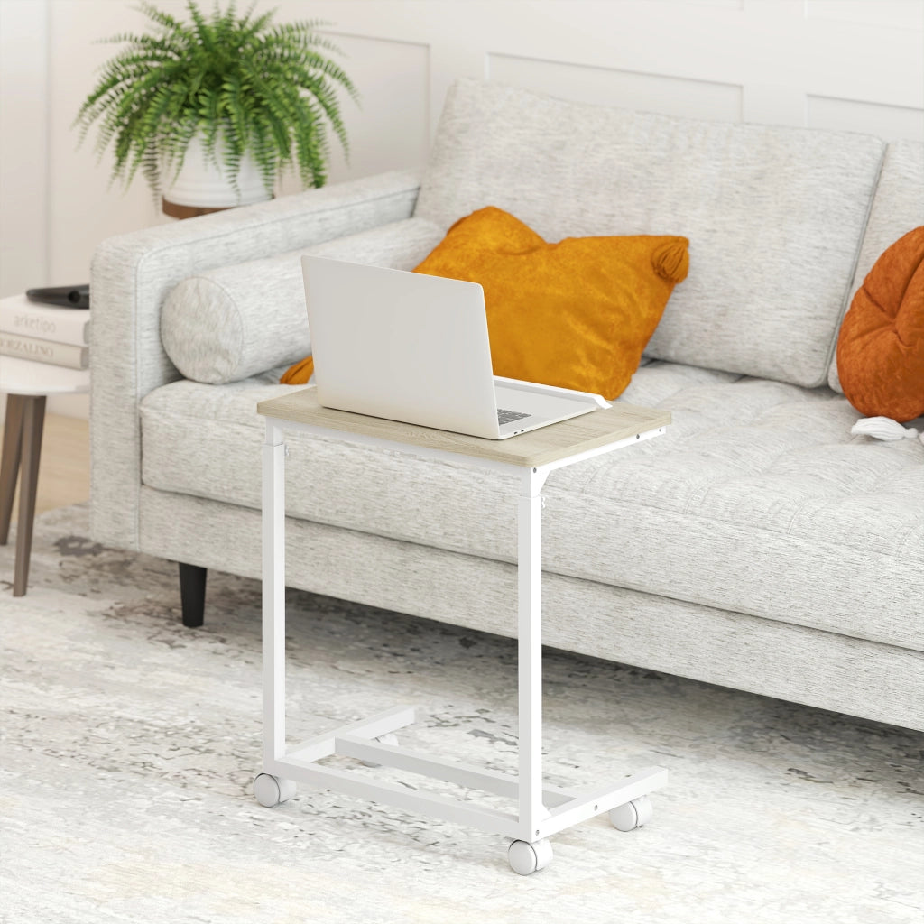 Tavolino da lavoro regolabile con piano inclinabile e ruote ¨C zephmum ¨C bianco e rovere 55x36x62.5-82.5 cm