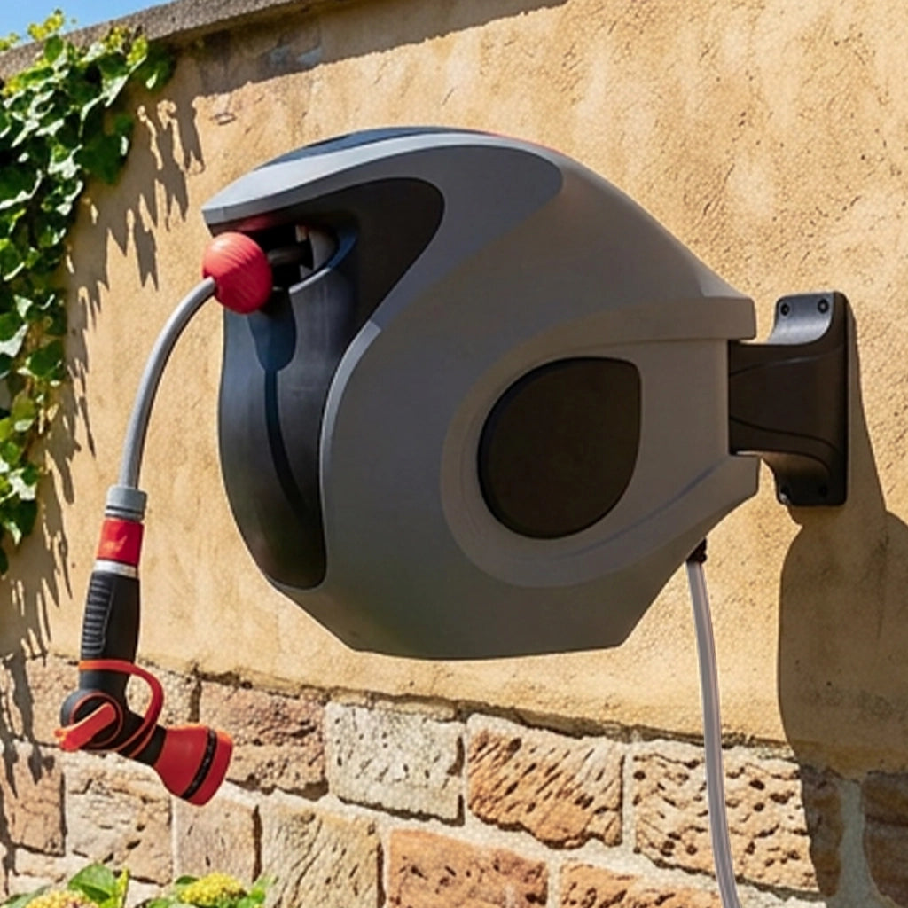 Avvolgitubo Automatico 30m con Staffa a Muro e Ugello 9 Funzioni ¨C MINIMAL ¨C Grigio/Rosso