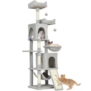 Albero Tiragraffi per Gatti con 2 Casette e Lettini ¨C Minimal ¨C Grigio Chiaro e Beige 48x40x177 cm