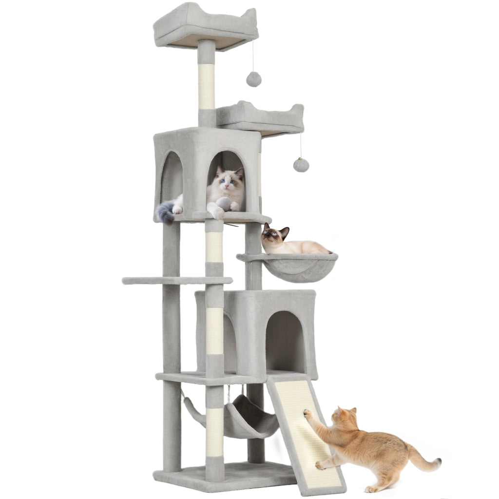 Albero Tiragraffi per Gatti con 2 Casette e Lettini ¨C Minimal ¨C Grigio Chiaro e Beige 48x40x177 cm