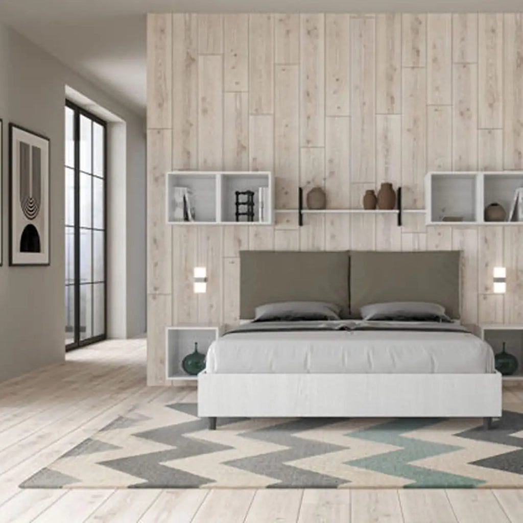 Letto matrimoniale senza rete 160x200 bianco frassino cuscini similpelle cappuccino Egos Antea