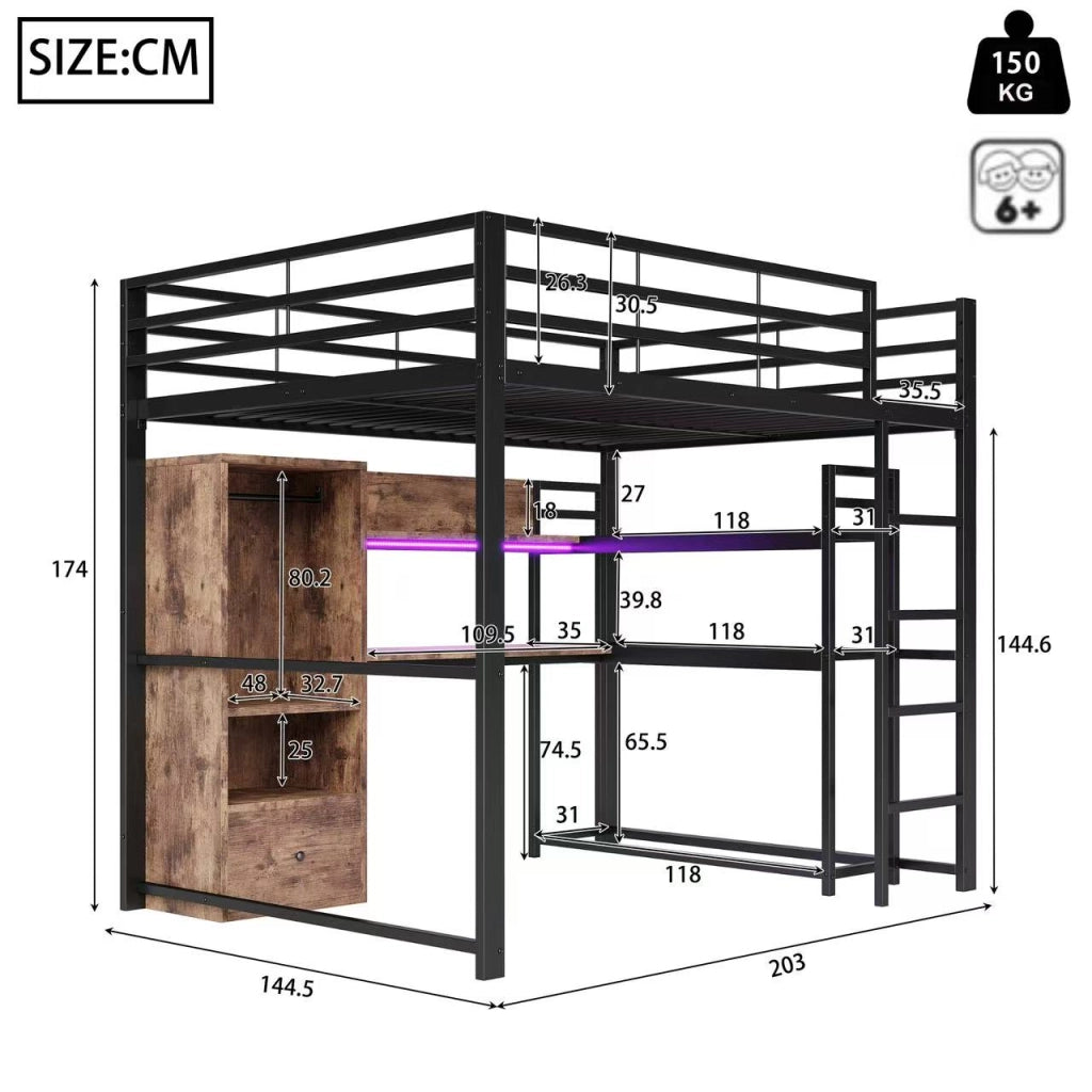 LETTO a soppalco con scrivania e LED 140x200 cm metallo e MDF nero