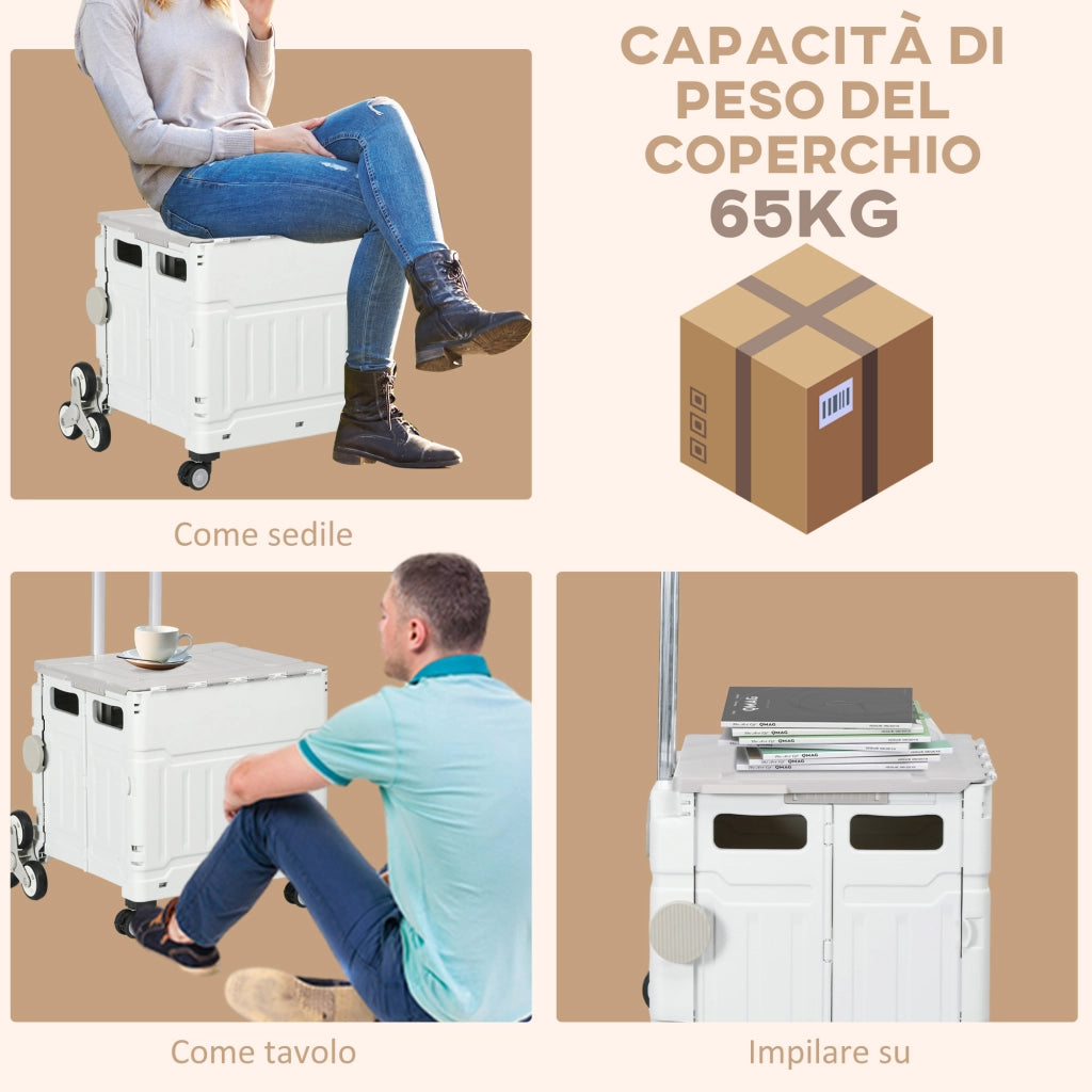 Carrello per Spesa Pieghevole con RuoteSaliscale in Alluminio Bianco