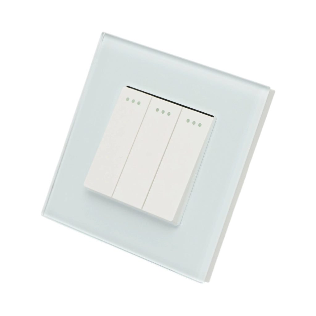 Interruttore triplo, bianco, da incasso, 220V, 16AX, spia luminosa, cornice in vetro 86x86x34mm