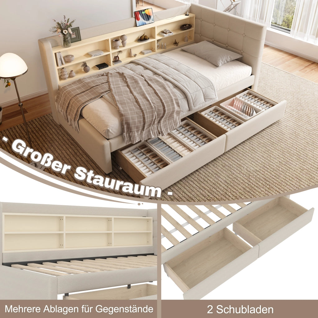 Letto a giorno con 2 cassetti; porta USB e Tipo-C; ripiani e doghe; lino beige; 90x200 cm; senza materasso