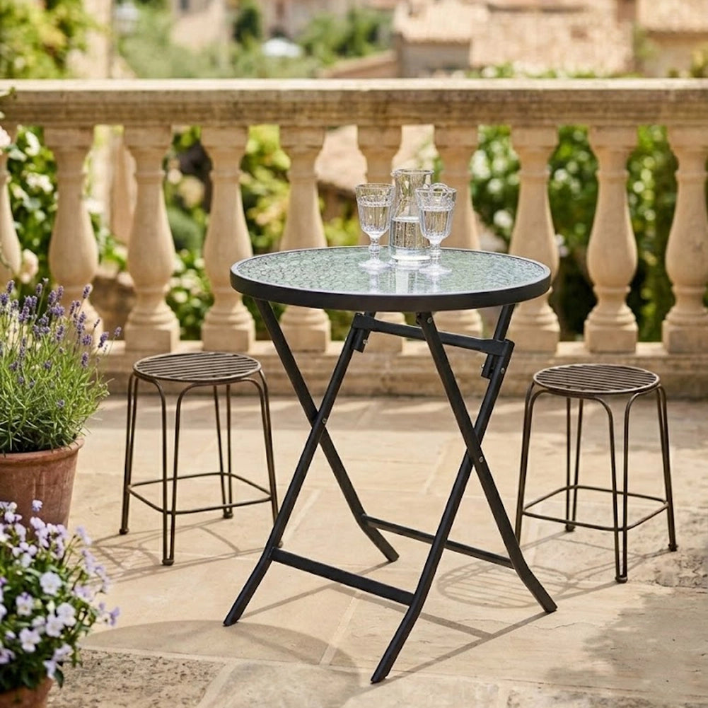 Tavolo Pieghevole Rotondo da Esterno Ø60x71cm con Struttura in Acciaio e Piano in Vetro Nero