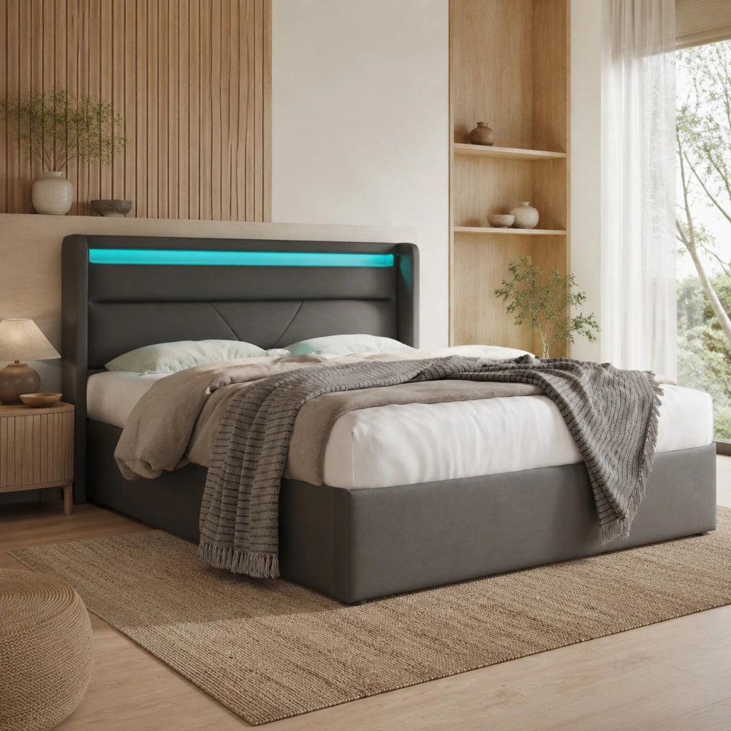 DESMIU Letto contenitore 140 × 200 cm 2 posti con LED regolabile e vano contenitore idraulico, senza materasso, in PU, grigio