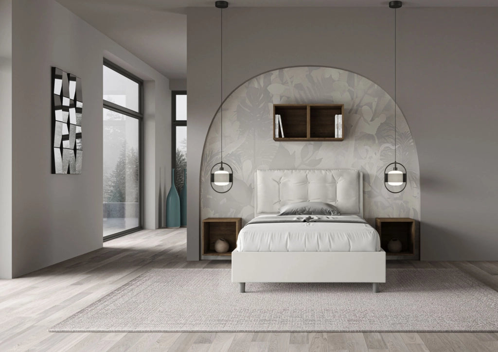 BS COM Letto una piazza e mezza con rete imbottito 120x190 similpelle bianco