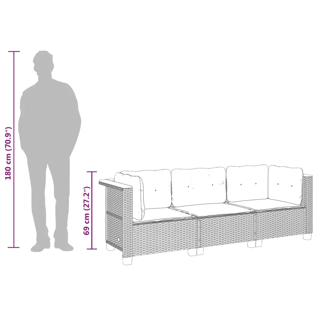 Divano da Giardino a 3 Posti con Cuscini-Sofa da Giardino-Divano da esterno Nero in Polyrattan 108380