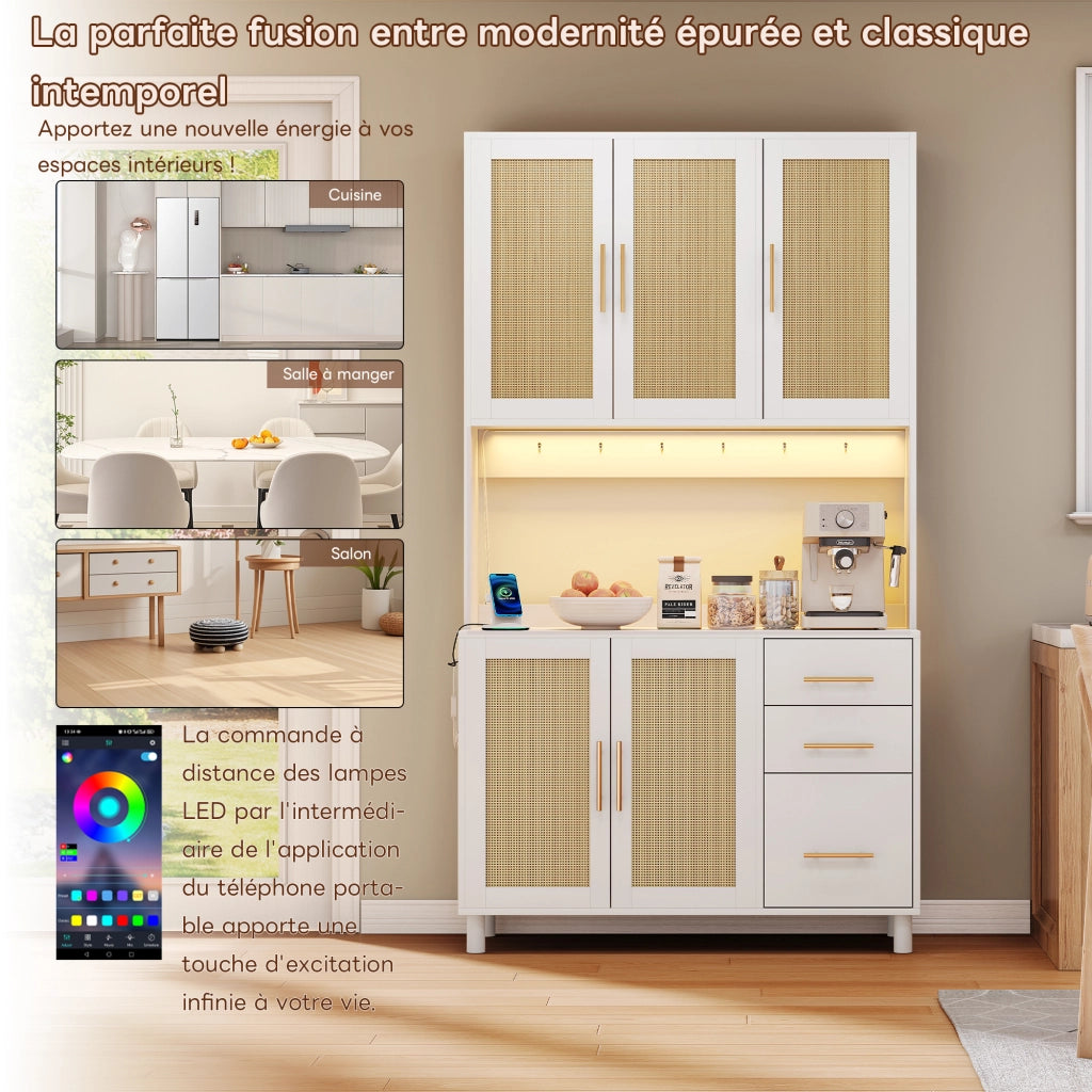 Credenza da Cucina con 3 Cassetti; 3 Ante; 2 Ripiani Regolabili; LED; Prese e USB per Cucina in MDF Bianco