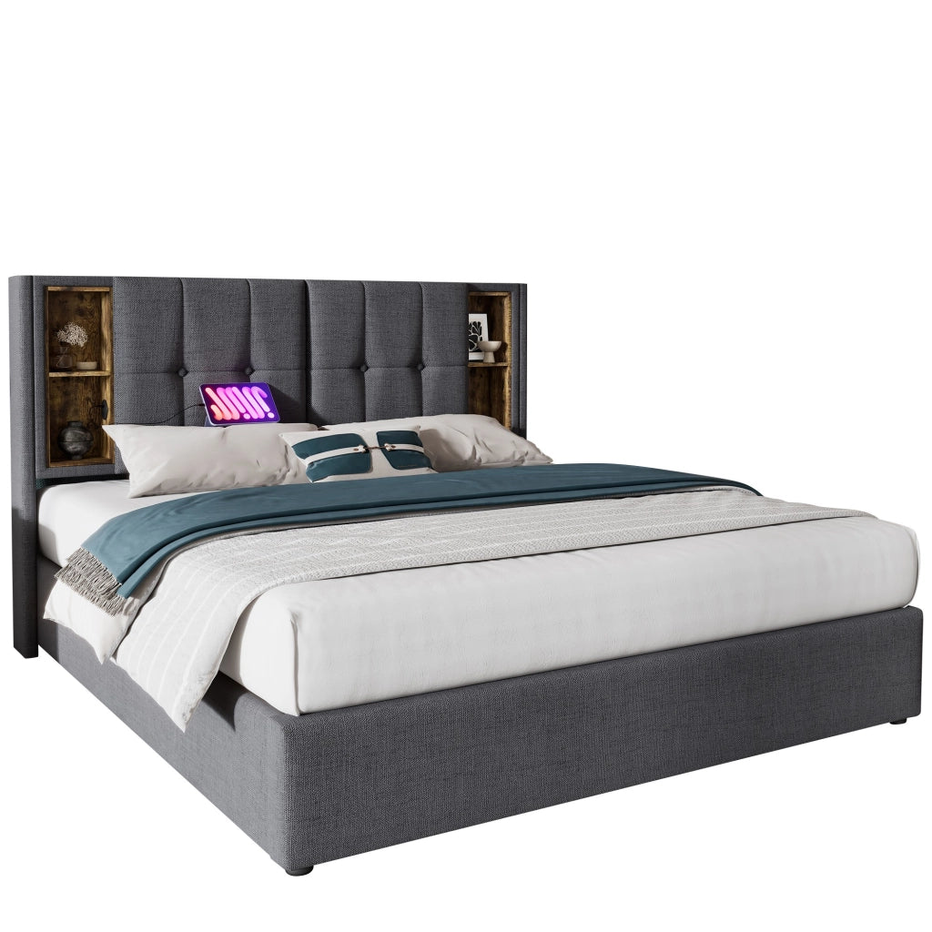 Letto imbottito 140x200 cm con ricarica wireless, USB e contenitore, grigio