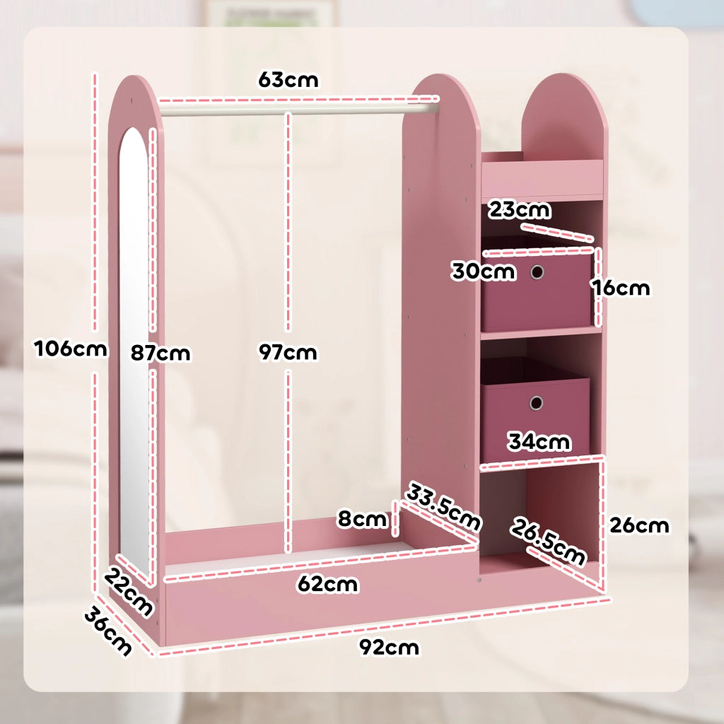 Armadio Bambini con Appendiabiti, Ripiani e Specchio ¨C Minimal ¨C Legno, Rosa