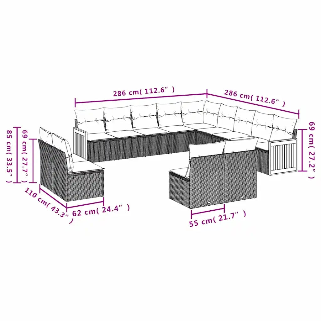 Set Divani da Giardino 13 pz con Cuscini Nero in Polyrattan 3228164