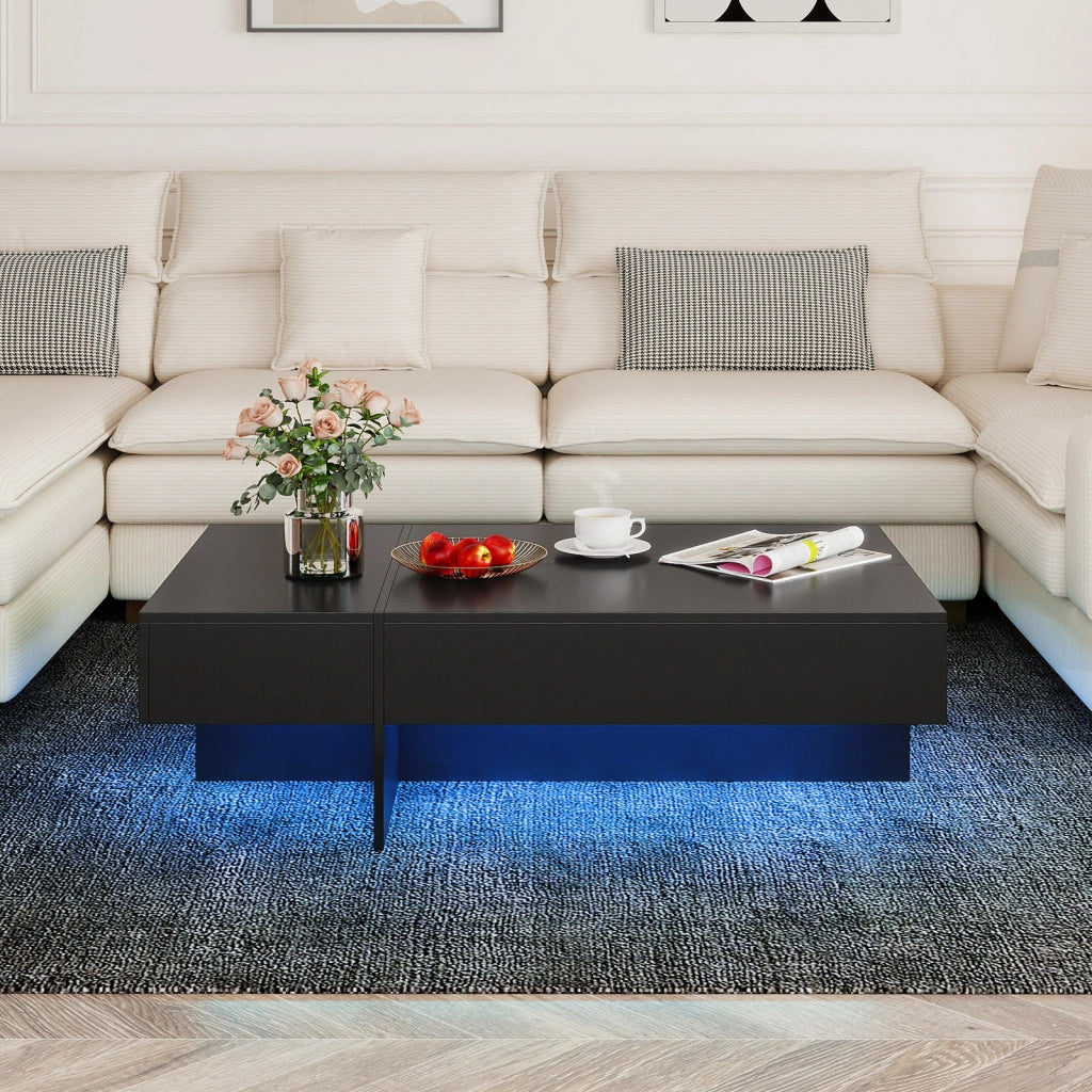 Tavolino da caff¨¨ moderno con striscia led con 3 cassetti per soggiorno, Tavolino laccato lucido 120 x 70 x 35 cm finto marmo Nero