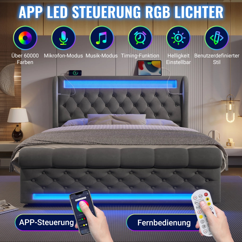 DESMIU Letto contenitore 140 × 200 cm 2 posti con LED, USB e Type C, senza materasso, in velluto, grigio