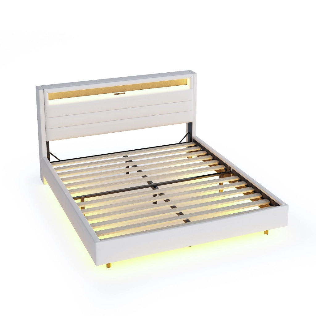 Letto imbottito 160x200 cm con LED, USB e testiera contenitore beige
