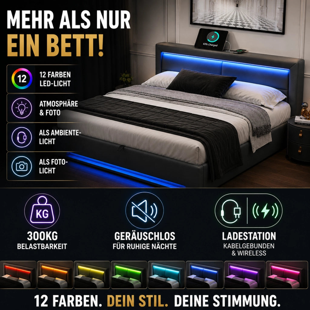 LETTO Imbottito 90x200 cm PU Nero con USB, LED e vano contenitore