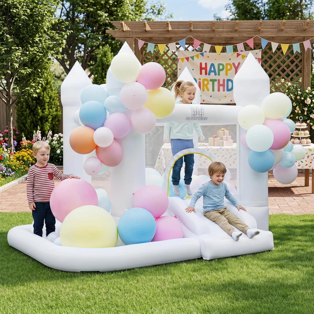 Castello Gonfiabile con Soffiatore, Trampolino, Scivolo, Piscina | Casa Gonfiabile per Interno ed Esterno con Canestro, 100 Palloncini e Borsa, per Bambini 3-12 Anni, 252 x 242 x 191,5 cm