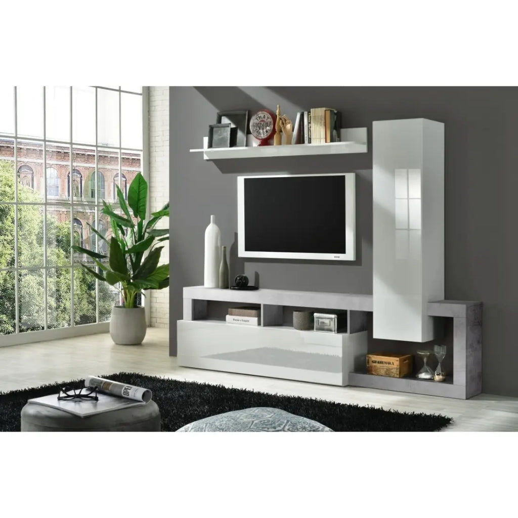 Set di mobili per soggiorno con contenitori, collezione BURA, lunghezza 219 cm, bianco lucido/grigio cemento