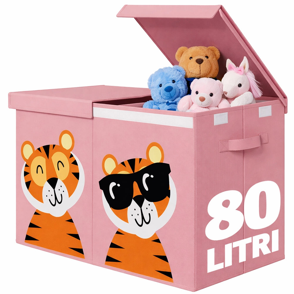 Box Contenitore Giocattoli con Animali Doppio Pieghevole 80L Rosa Salvaspazio