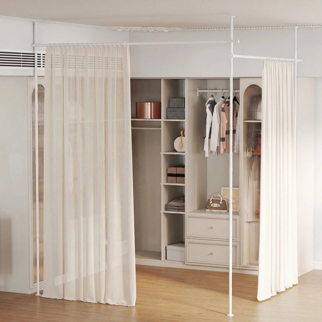 Asta tenda a pressione in metallo divisorio interno senza fori, Bastone per privacy altezza 120-314 cm e larghezza 73-360 cm regolabili Bianco